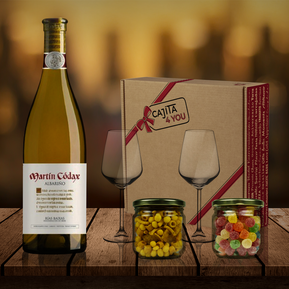 idea-caja-regalo-botella-vino-blanco-Martín-Codax-Albariño-dedicatoria-2-copas-vino-blanco