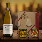 idea-caja-regalo-botella-vino-blanco-Martín-Codax-Albariño-dedicatoria-2-copas-vino-blanco