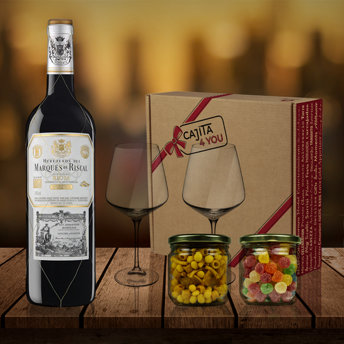 caja-vino-tinto-Marqués-de-Riscal-Rioja-Reserva-snacks-copas-mensaje-personalizado