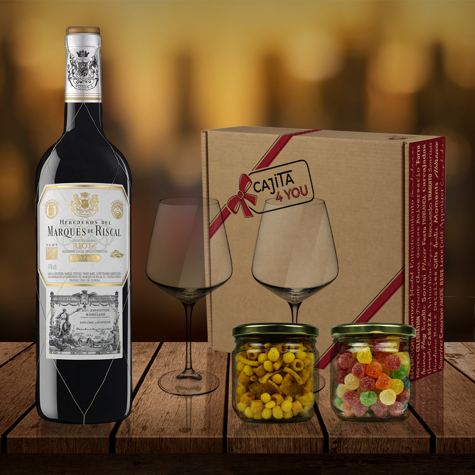 caja-vino-tinto-Marqués-de-Riscal-Rioja-Reserva-snacks-copas-mensaje-personalizado